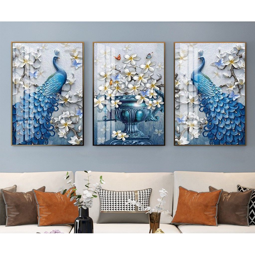 Bộ 3 Bức Tranh Treo Tường Canvas Công Phượng Bình Hoa Màu Xanh Dương Phong Thuỷ Sang Trọng Trang Trí Phòng Khách