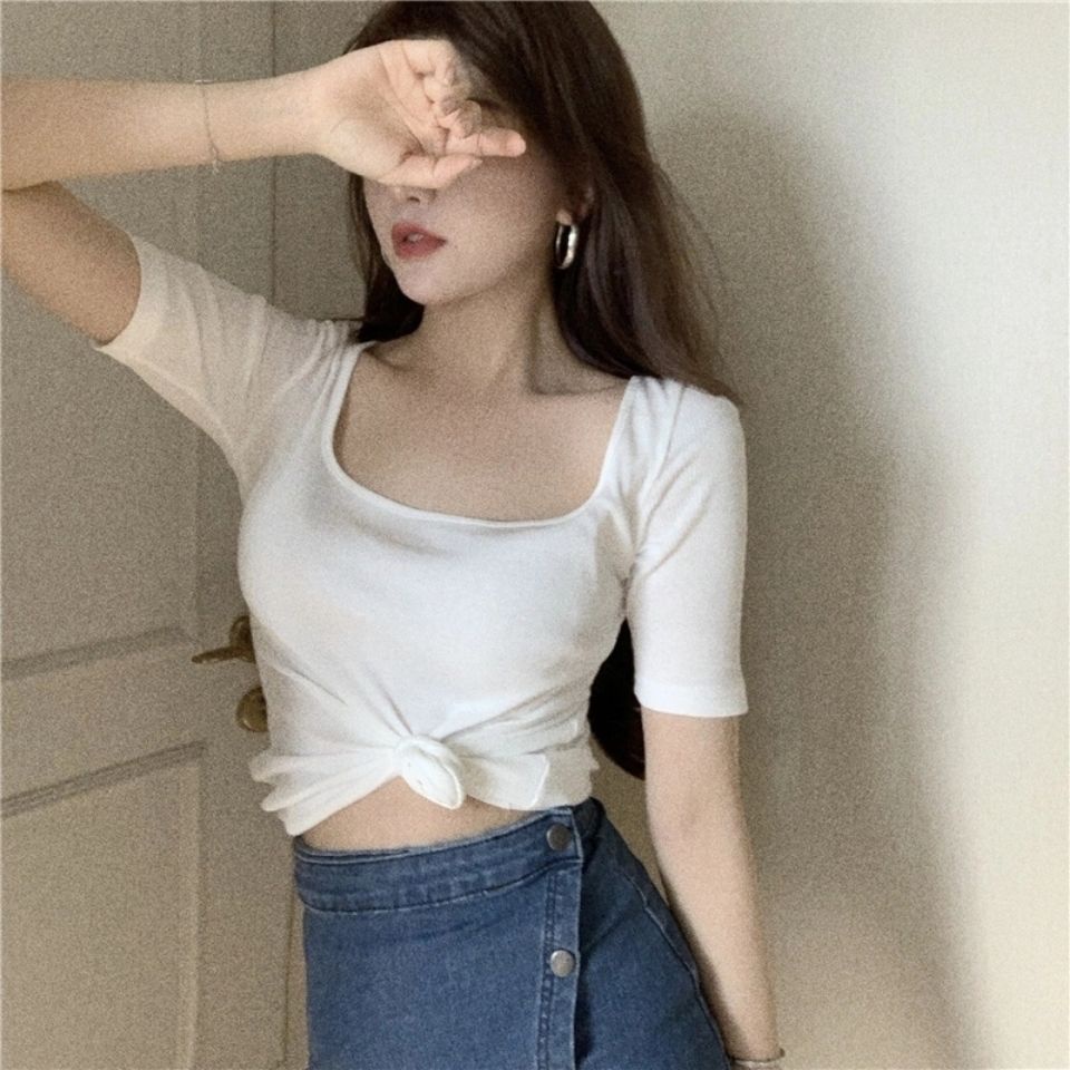 Áo Thun Dệt Kim Cổ Vuông Tay Ngắn Hở Vai Màu Trơn Thời Trang Dành Cho Nữ