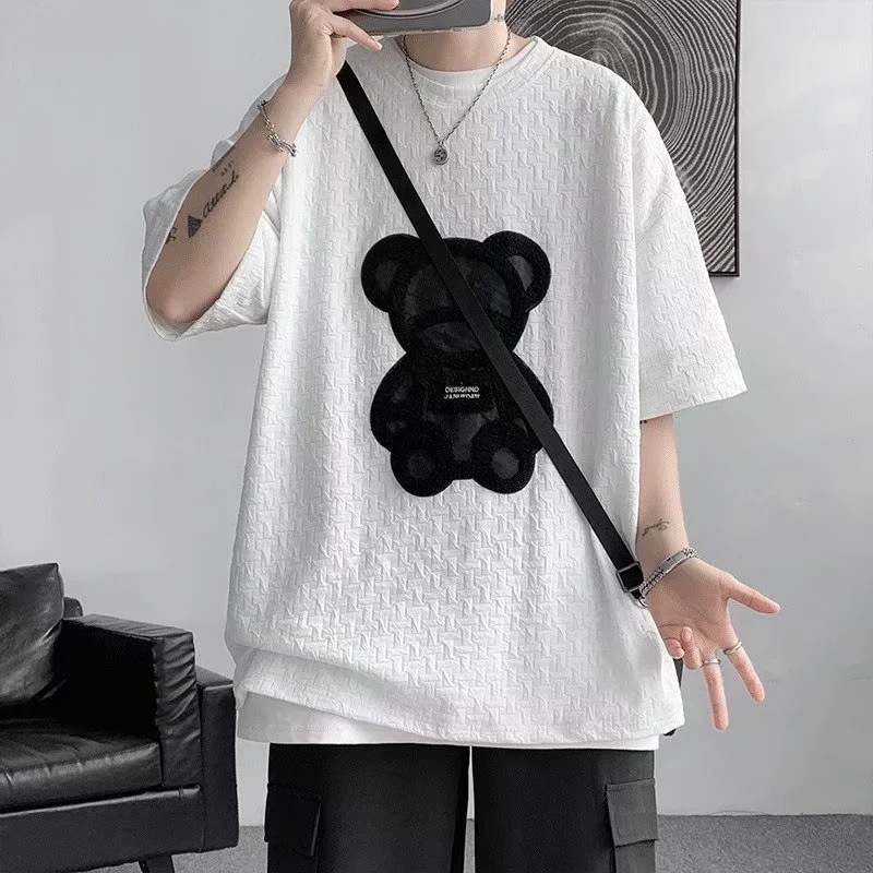 Áo Thun Tay Ngắn Dáng Rộng Vải Lụa Lạnh Mỏng In Hình Gấu Klein Màu Xanh Dương Phong Cách Đường Phố Mỹ Thời Trang Mùa Hè Cho Nam
