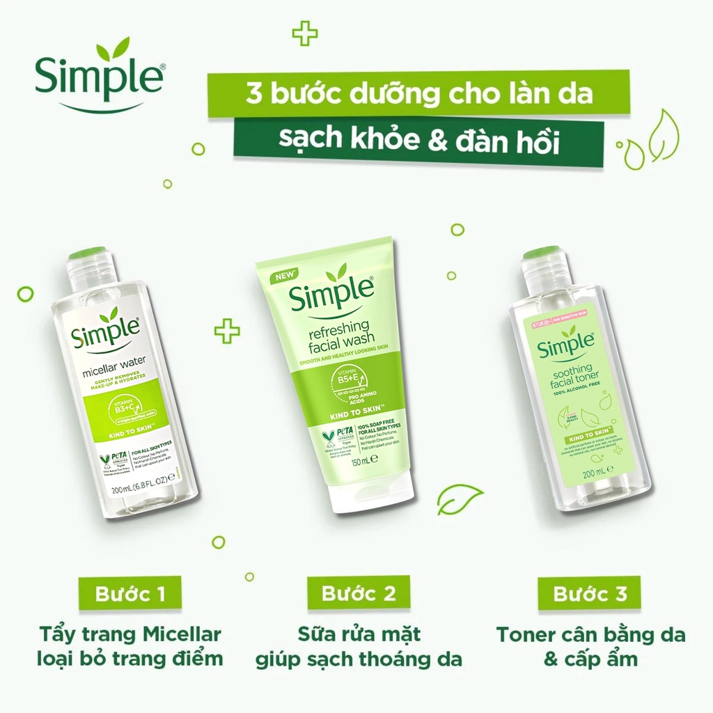 Combo 3 Simple làm da sạch (sữa rửa mặt 150ml - Tẩy trang 200ml - Toner nước hoa hồng 200ml)