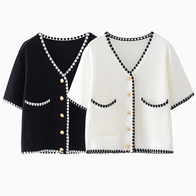 NUZIRO  Áo Cardigan Dệt Kim Tay Ngắn Cổ Chữ V Màu Trắng Thời Trang Cho Nữ