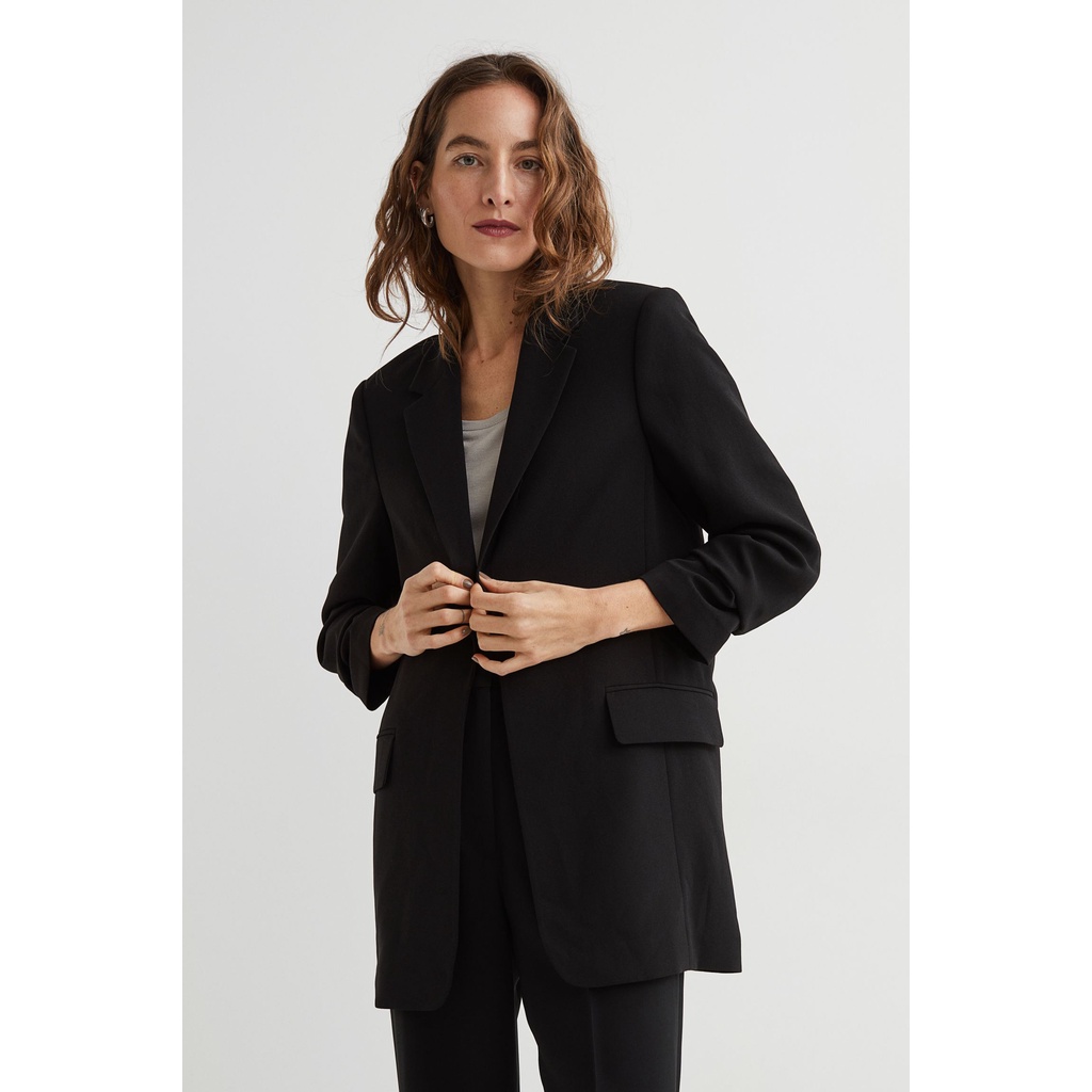 H&M Đức - Blazer dáng dài tay lửng tay áo nếp gấp nhẹ túi nắp đen xanh sale auth cao cấp chính hãng có sẵn 1036121001