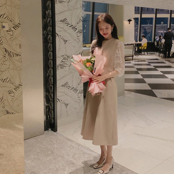 32523 Bộ Áo Sơ Mi Dài Tay Cổ Búp Bê + Đầm Yếm Trơn Màu Xinh Xắn Dành Cho Nữ