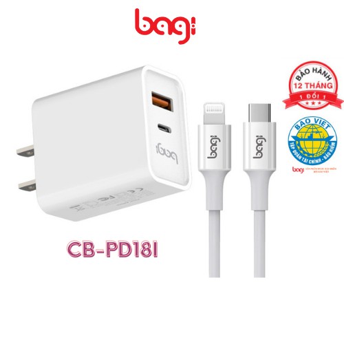 Combo sạc nhanh BAGI chuẩn PD Type-C cho iPhone CB-PD18i Bảo hành 12 tháng 1 ĐỔI 1