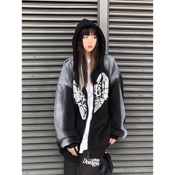Áo khoác hoodie zip nỉ có mũ hoạ tiết phong cách retro Âu Mỹ