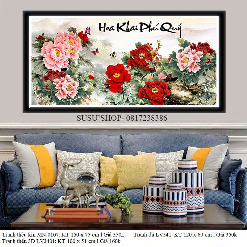 Tranh đính đá  cao cấp ABC  Hoa Khai Phú Quý LV541 120X60cm, Y8218 , tranh thêu LV3401