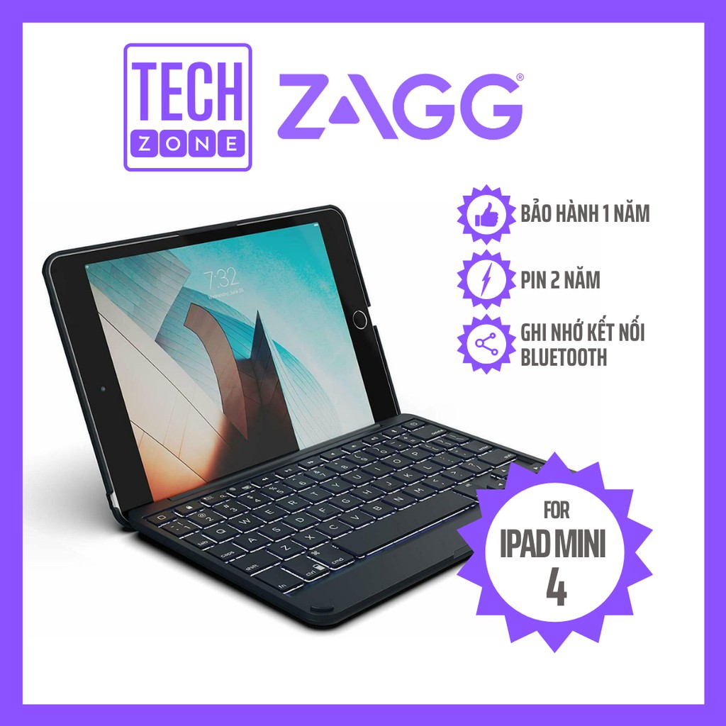 Bộ Bao Da Và Bàn Phím Zagg Folio Keyboard Có Đèn Nền Kết Nối Bluetooth Cho iPad Mini Gen 4 7.9 inch