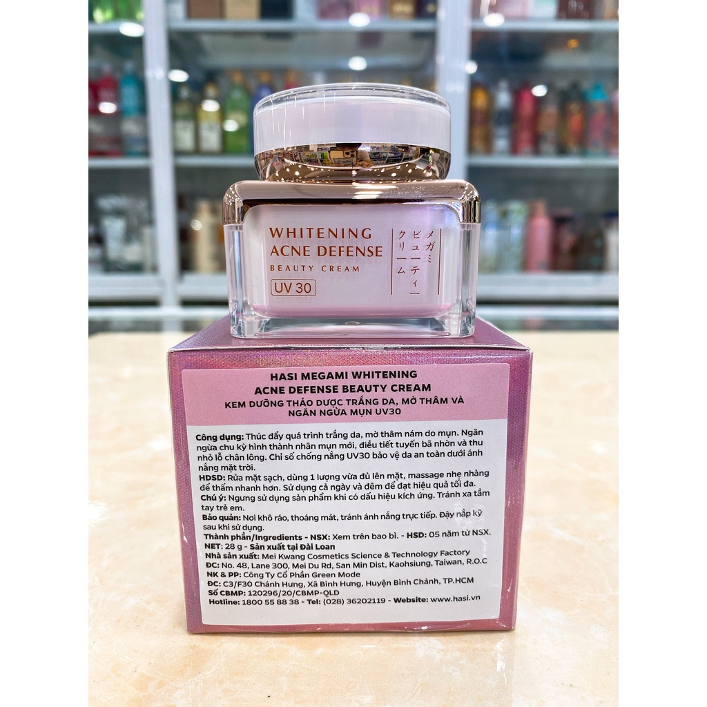 Kem Dưỡng Trắng Da Mờ Thâm Mụn HASI Megami Thảo Dược Whitening Acne Defense UV30 28g