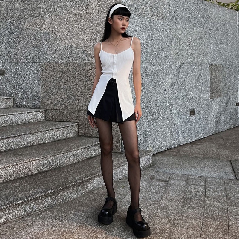 Áo Tank Top Dáng Dài Xẻ Tà Phối Nút Thời Trang Mùa Hè Cho Nữ