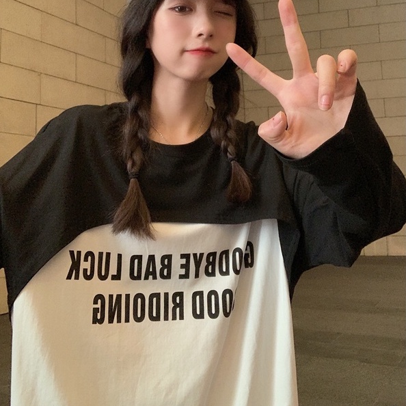 【ZHELIHANGFEI】Áo Thun Dài Tay Giả Hai Lớp In Chữ Phong Cách Preppy