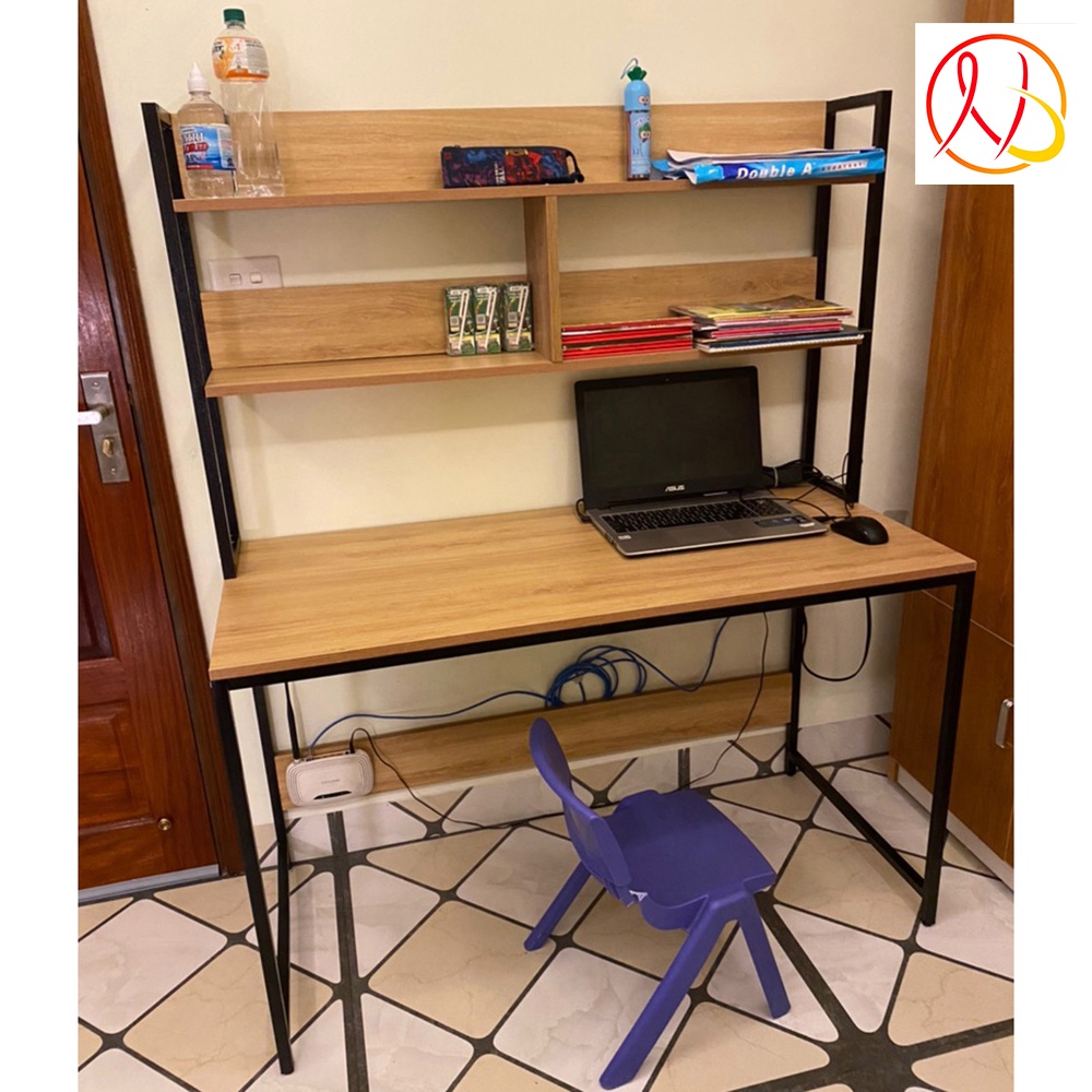 Bàn làm việc khung sắt kèm giá sách, mặt bàn dày 17li khung sắt sơn tĩnh điện, dễ dàng lắp ráp có hướng dẫn