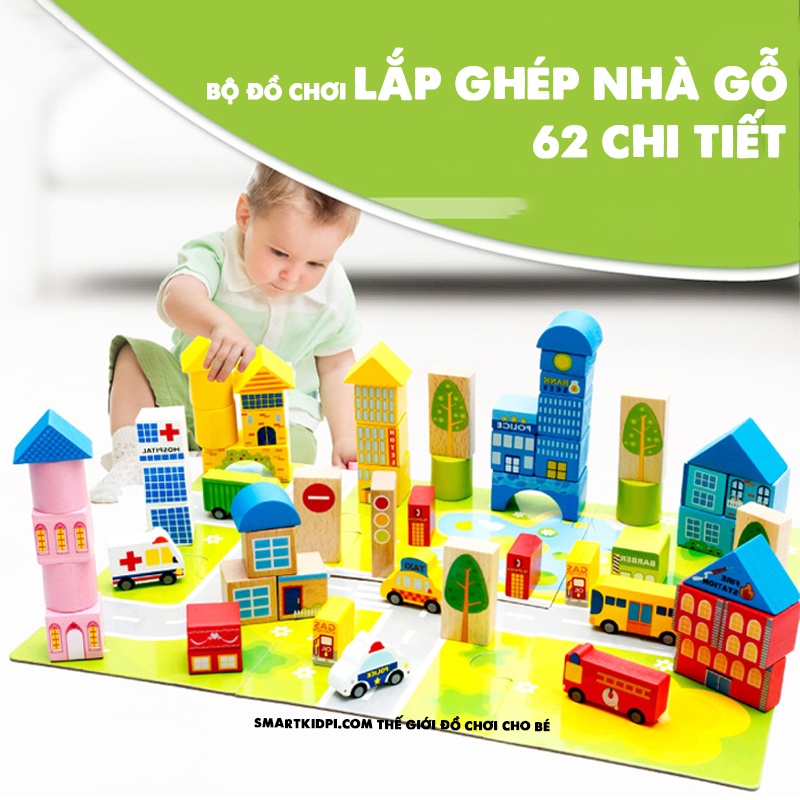 Bộ đồ chơi lắp ghép nhà bằng gỗ bộ full 62 chi tiết loại đẹp - Mô hình thành phố giao thông
