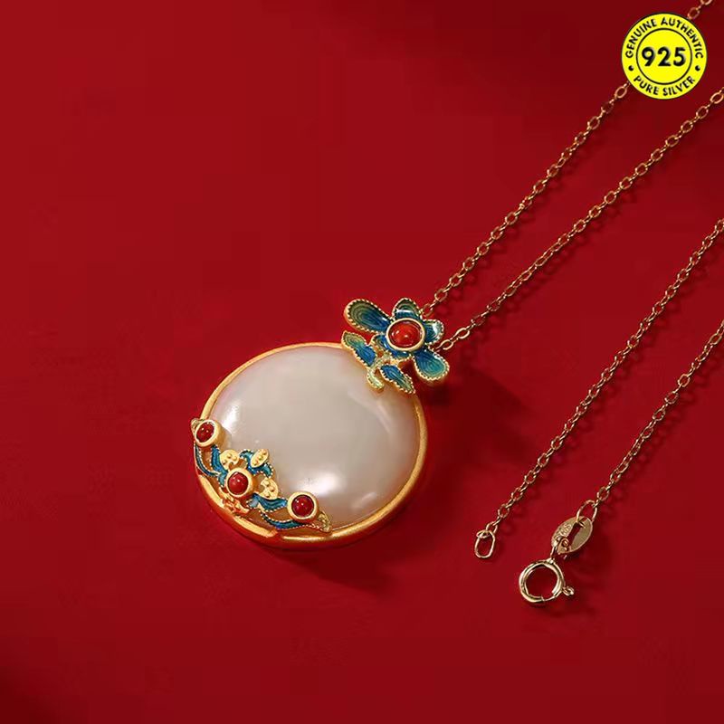 Vòng cổ mặt đá ngọc bích màu sắc phong cách dân tộc cổ điển cho nữ