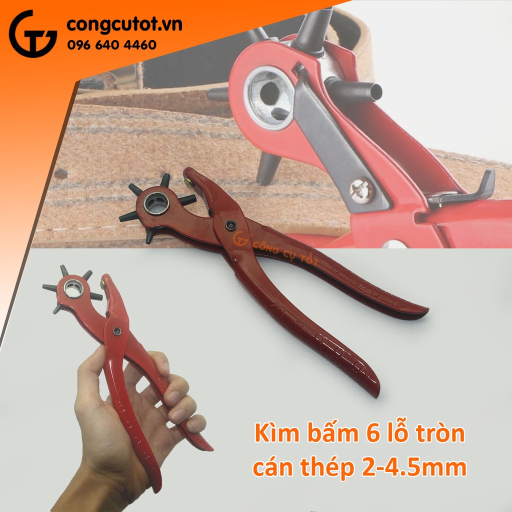 Kìm bấm thắt lưng dây da 6 lỗ tròn Φ2-4.5mm cán thép