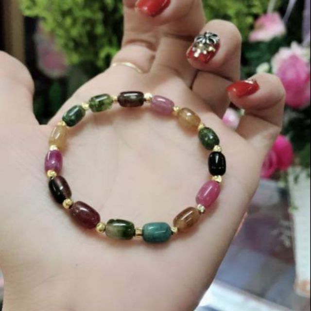 Vòng tourmaline đa sắc mix 15 viên bi vàng