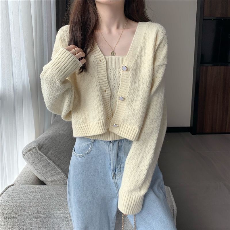 Áo Khoác Cardigan Thun Len Nữ Nguyên Set Áo 2 Dây + Áo Khoác Len