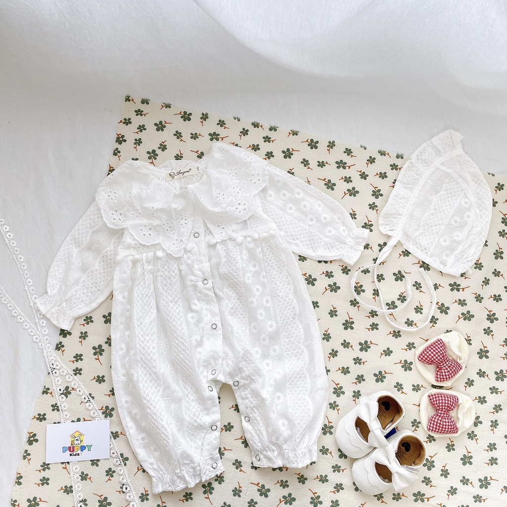 (GRD052) (5-12kg) Áo liền quần + mũ dành cho em bé gái (Puppy Kids) màu trắng, quả bông, thêu hoa nhỏ.