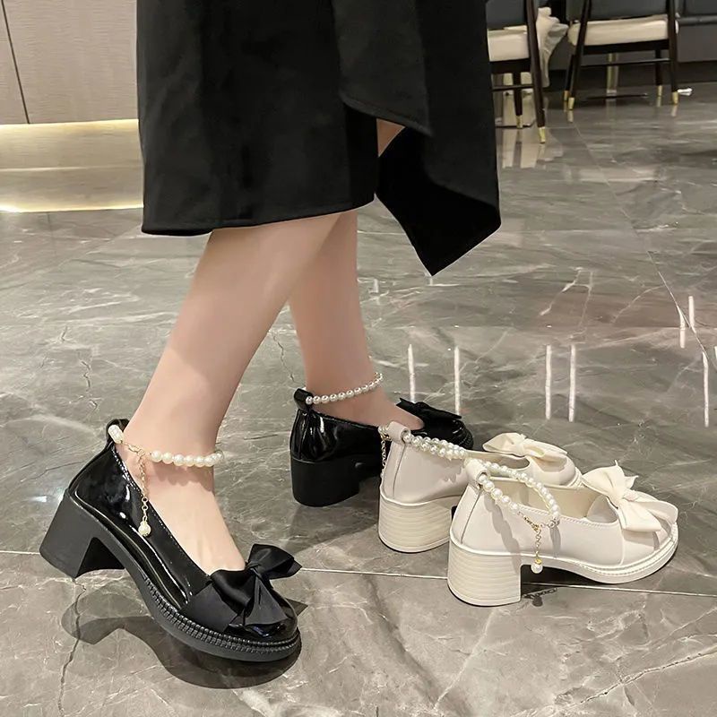 Giày Cao Gót Mary Jane Bằng Da Đính Nơ Và Ngọc Trai Phong Cách Hàn Quốc Thời Trang Xuân Hè 2022