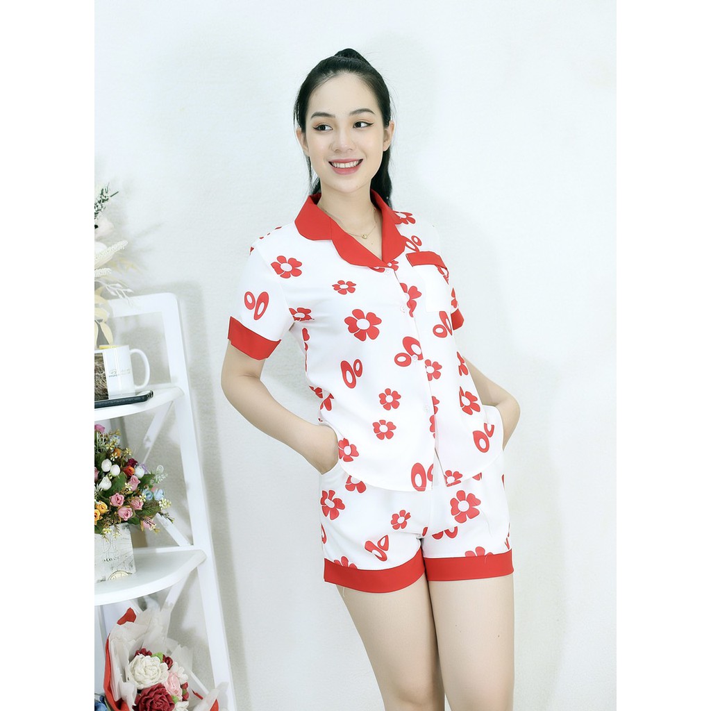 [HÌNH THẬT] Bộ đồ Pijama ngắn mặc nhà MÀU TRẮNG HOA ĐỎ PHA CỔ ĐỎ - Vải Siêu Lụa Cao Cấp - Mềm Mại Êm Ái