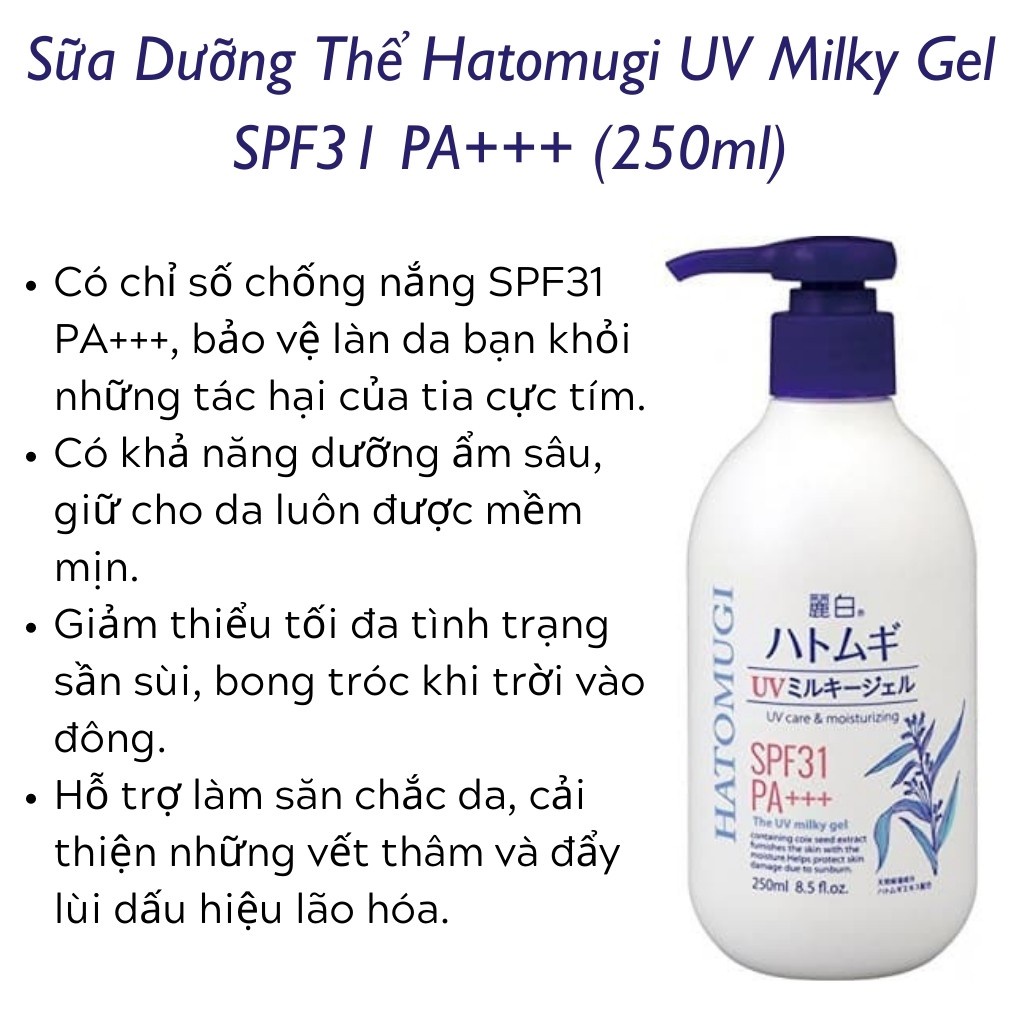 Sữa Dưỡng Thể Chống Nắng, Dưỡng Ẩm &amp; Làm Sáng Da Hatomugi SPF31+ PA++++ Nhật Bản (chai 250ml)