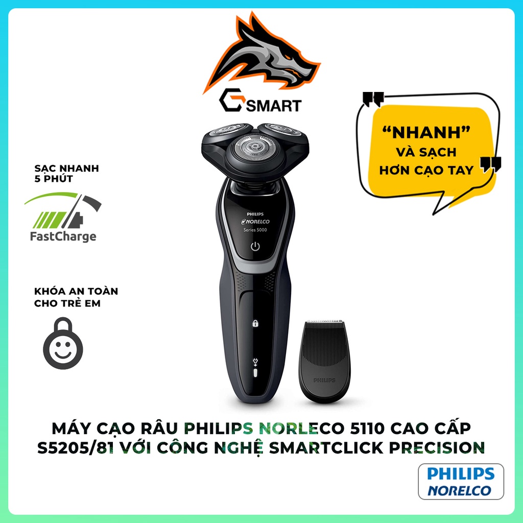 Máy Cạo Râu Philips Norelco Electric Shaver 5110, Công nghệ SmartClick, ôm sát bề mặt, cạo ướt và khô siêu tốc