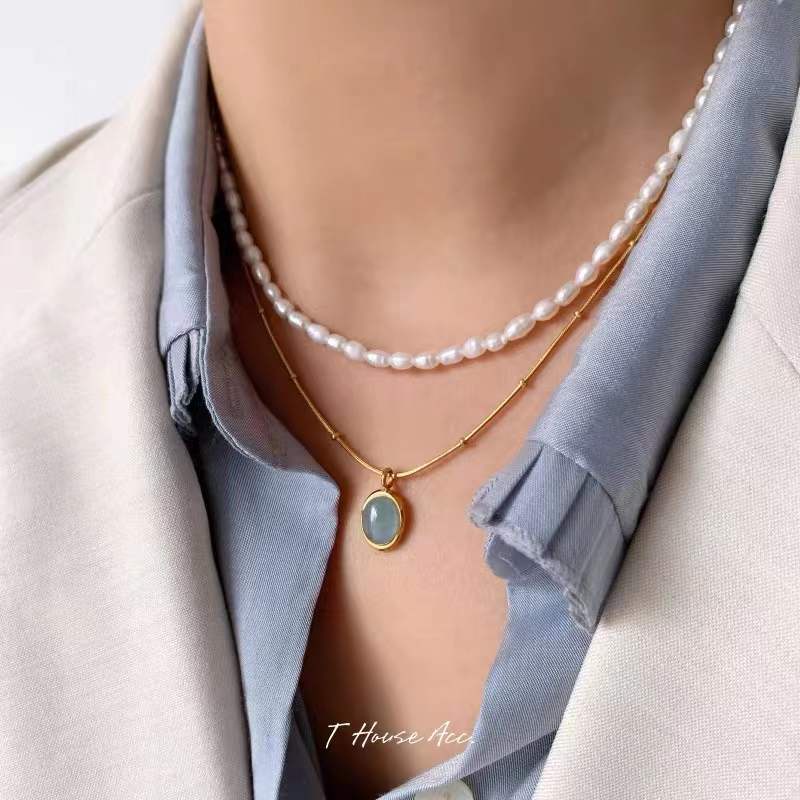 Dây chuyền thép titan 18k không phai màu mặt đá aquamarine tự nhiên cao cấp phong cách Nhật Hàn sang trọng dành cho nữ