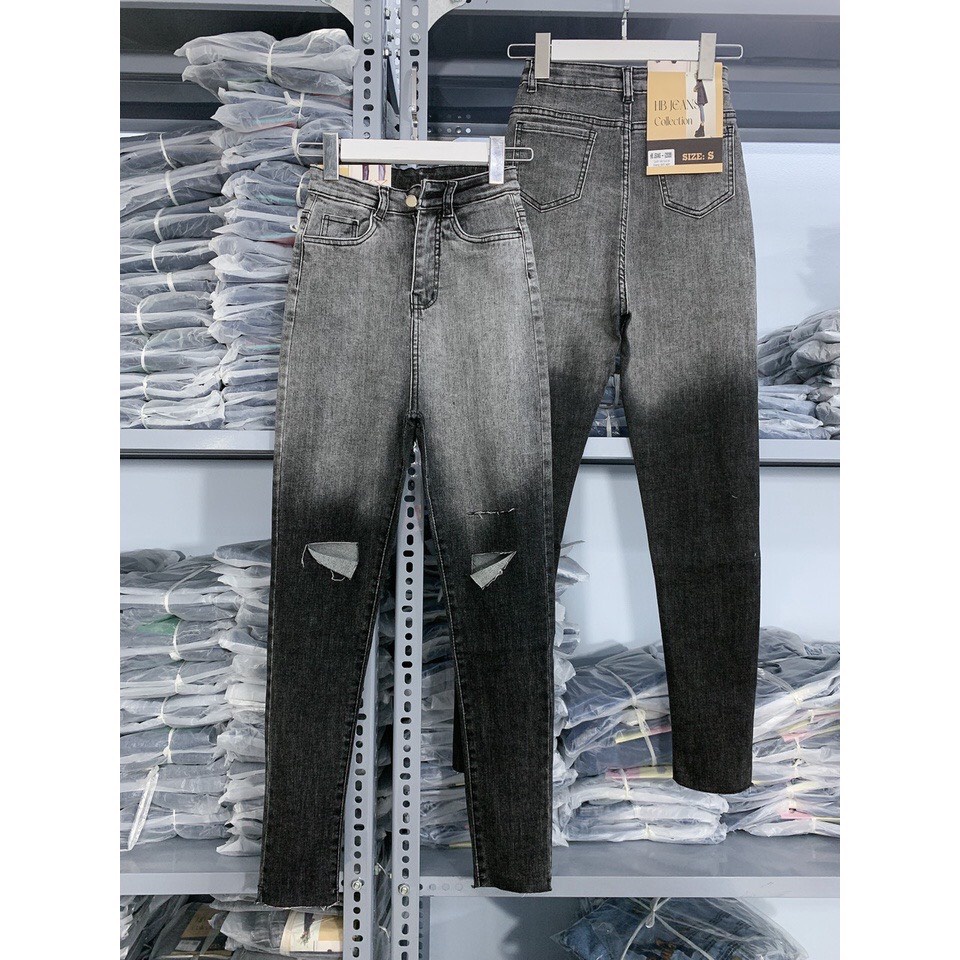 Quần Jean Nữ Lưng Cao Loang Màu , Denim Dài Ôm Co Giãn Trơn Ombre Tôn Dáng