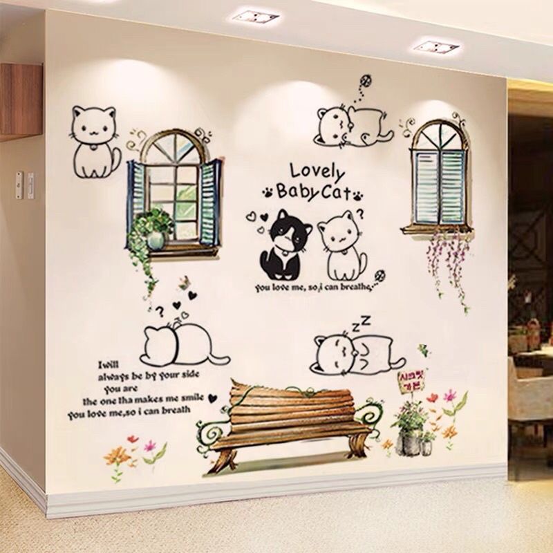 Decal dán tường mèo và cửa sổ