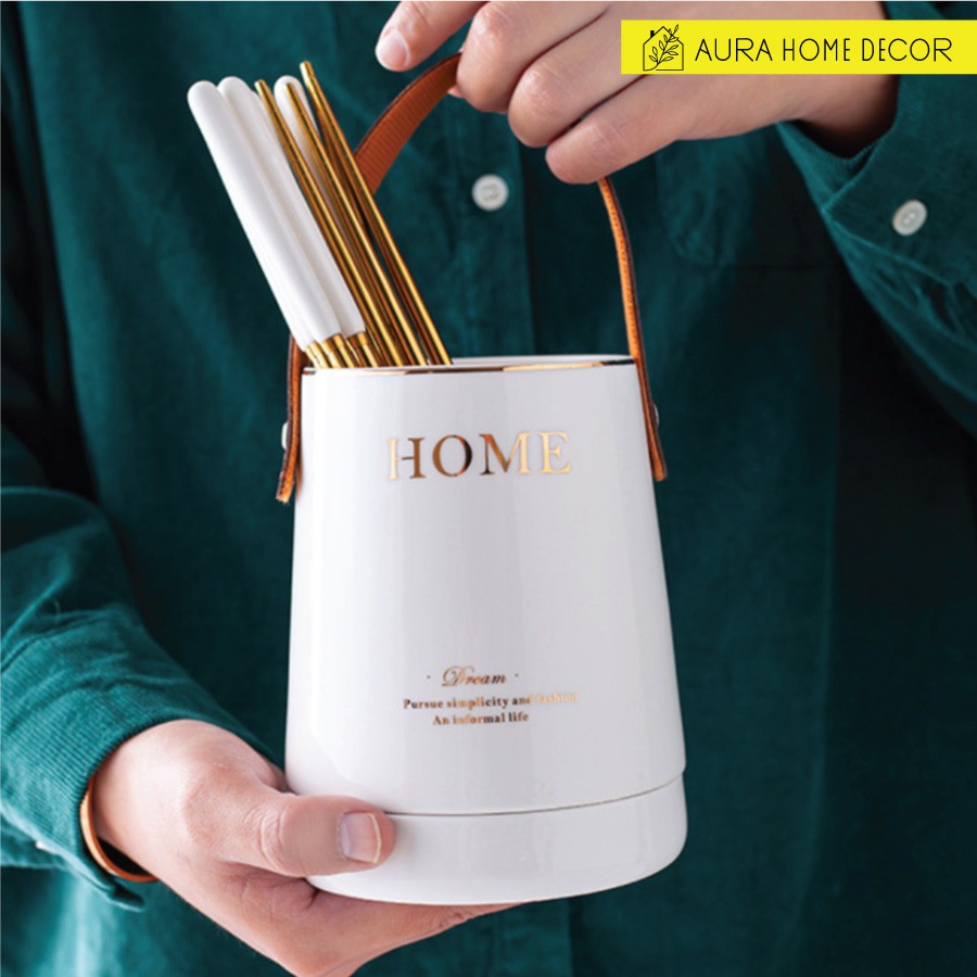 Hũ đựng đũa, thìa Home bằng sứ cao cấp có quai da tiện dụng 3 màu: Xanh cổ vịt/ Trắng/ Đen