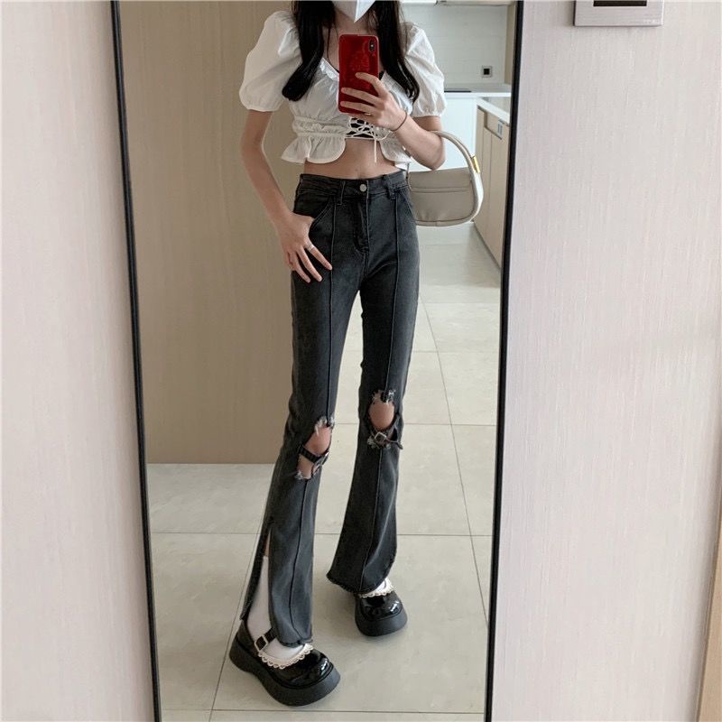 Quần Jean Nữ Lưng Cao Ống Đứng Rách Gối Kiểu Retro Thời Trang Xuân Thu Mới 19