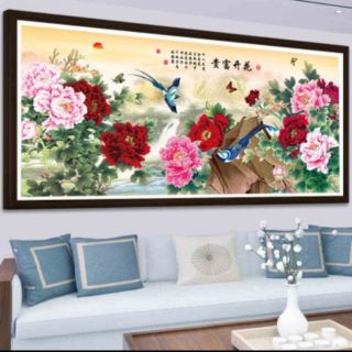 Tranh thêu chữ thập chỉ lụa hoa mẫu đơn 150*65cm