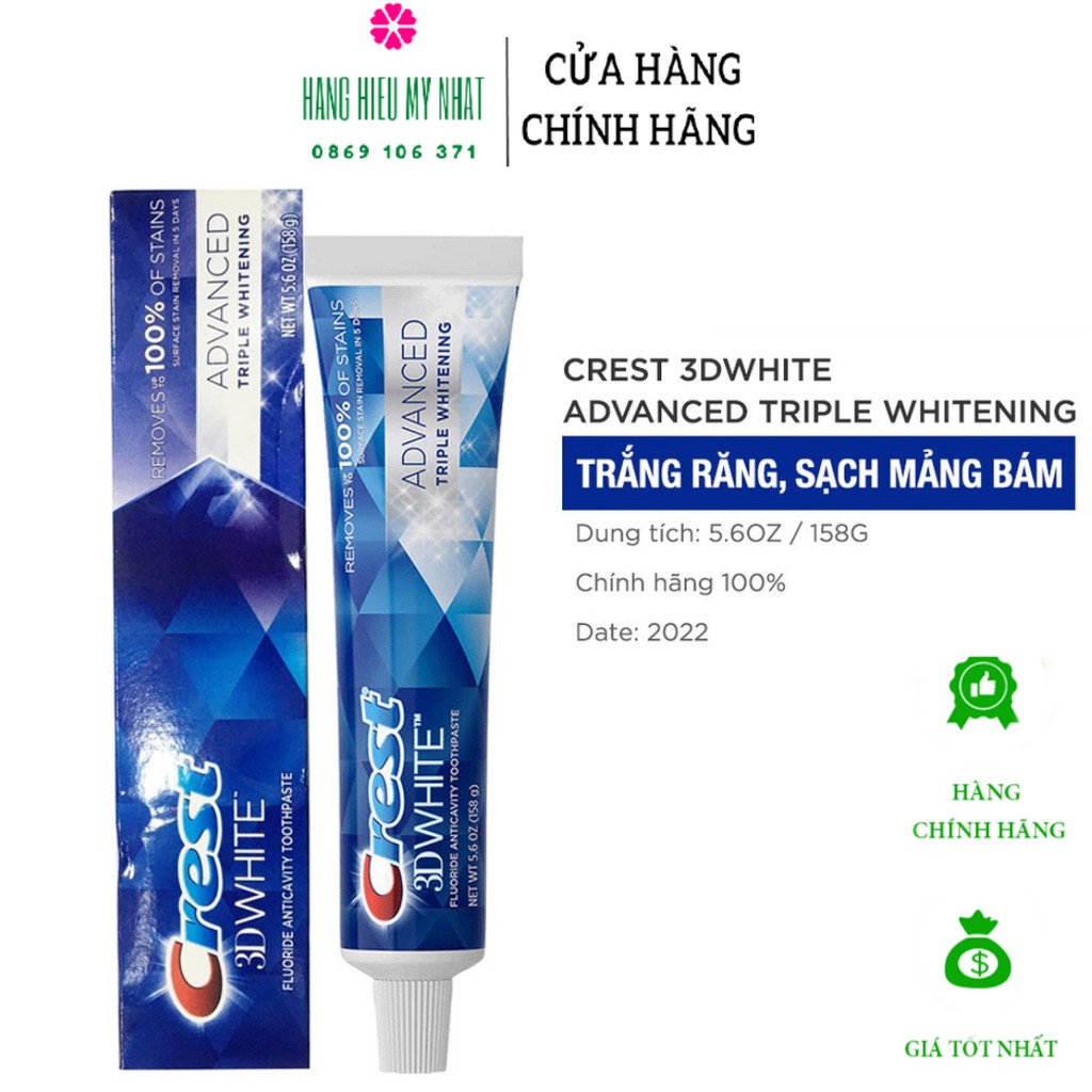 Kem đánh răng Crest 3D White Advanced Triple Whitening tuýp 158g từ Mỹ