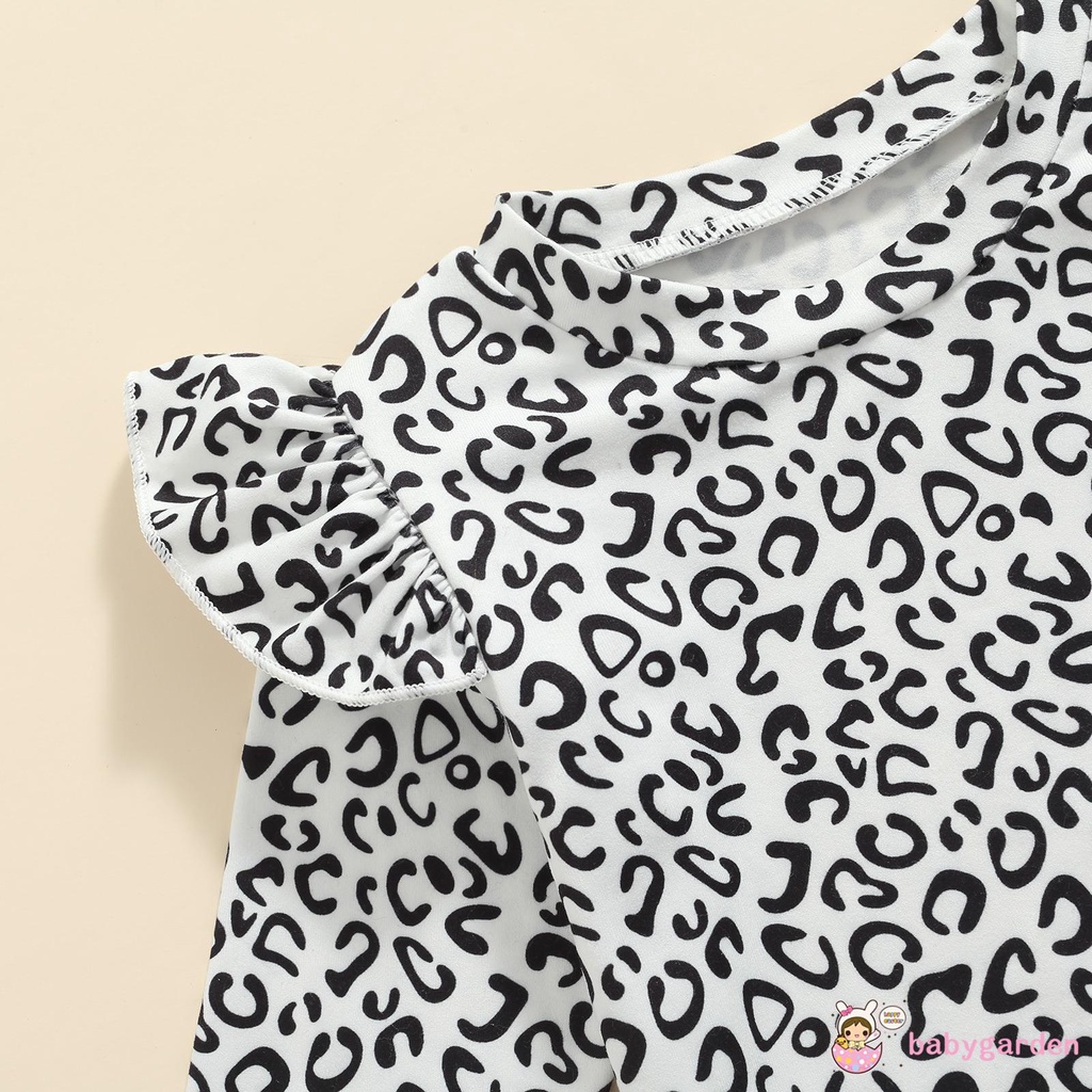 Bộ 3 Món Áo Liền Quần Tay Dài Họa Tiết Da Báo Phối Bèo + Quần Dài + Băng Đô Nơ Dễ Thương Cho Bé Gái