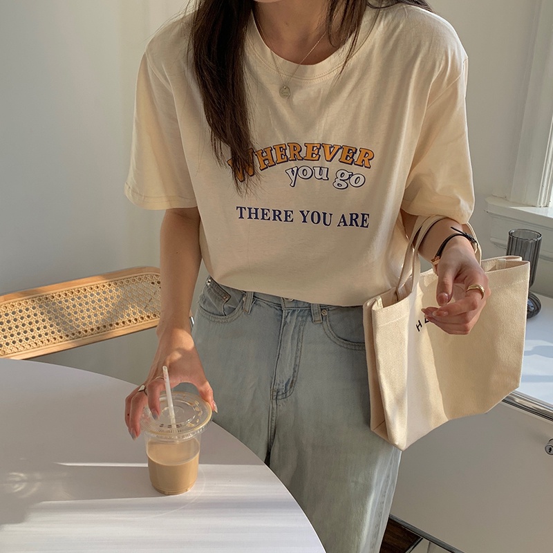 SUXI Áo Thun Tay Ngắn Cổ Tròn Dáng Rộng In Chữ Thời Trang Mùa Hè Cho Nữ