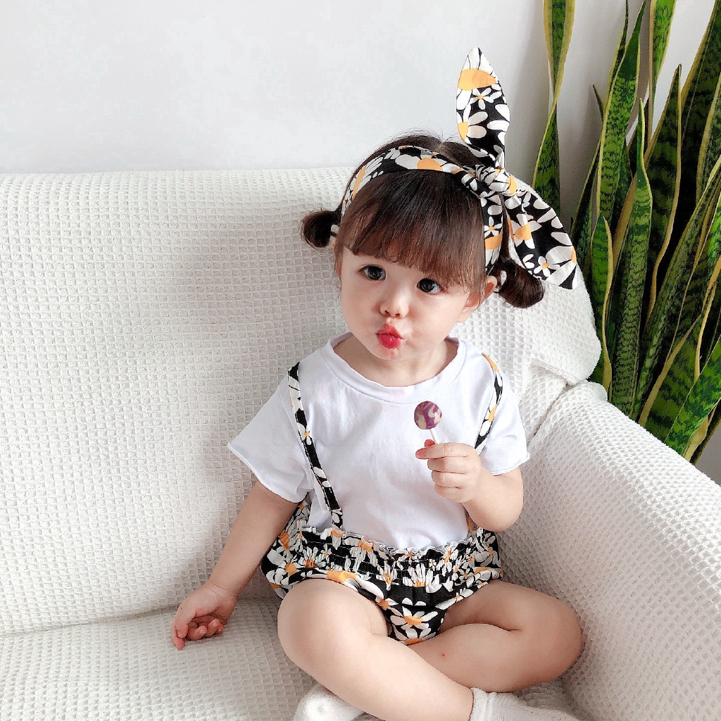 Set jumpsuit tay ngắn kèm băng đô in họa tiết hoa thời trang xinh xắn cho bé gái