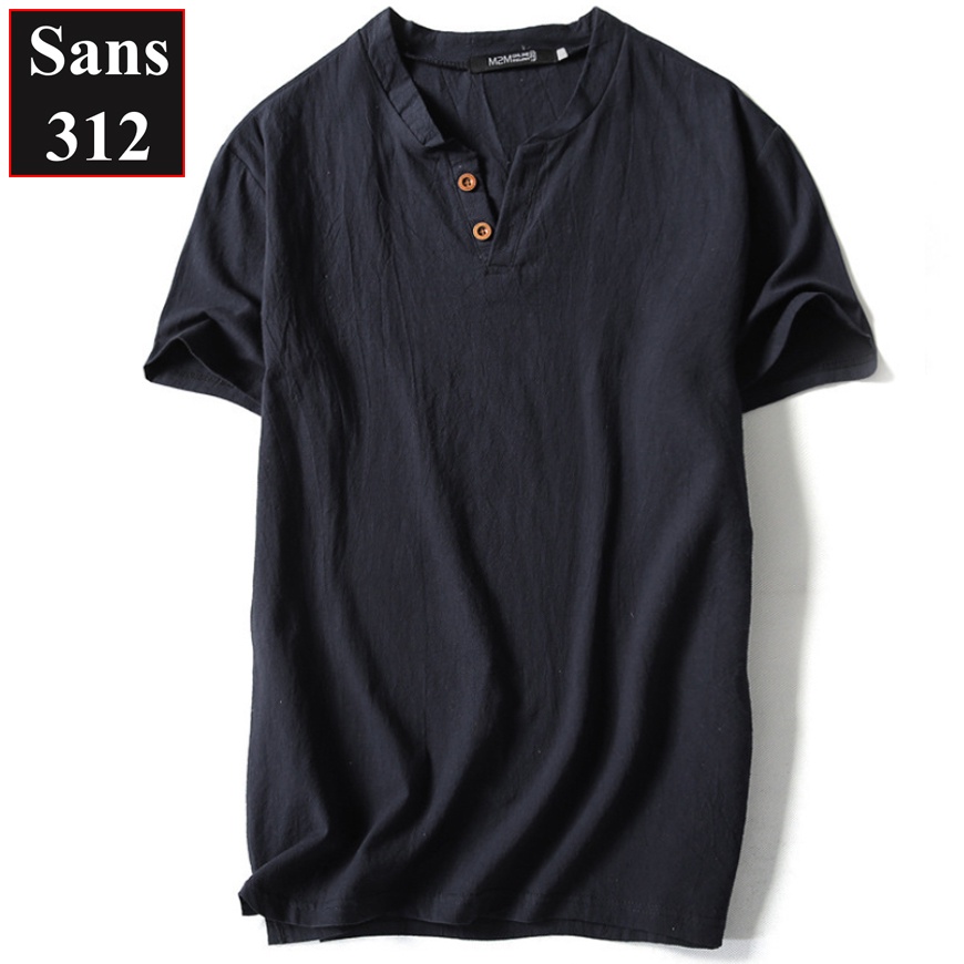 Áo thun nam đũi Sans312 chất cotton linen mát lạnh cộc tay cài nút cổ v trơn đẹp xịn mềm mịn big size 5XL 4XL 3XL
