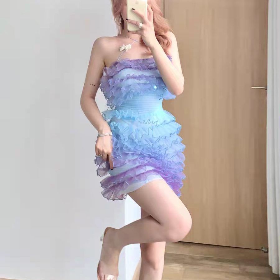 Váy Lưới Tầng Màu Gradient Nhạt Thiết Kế Hai Dây Màu Tím Nhạt Phong Cách Mới Mùa Hè Cho Nữ