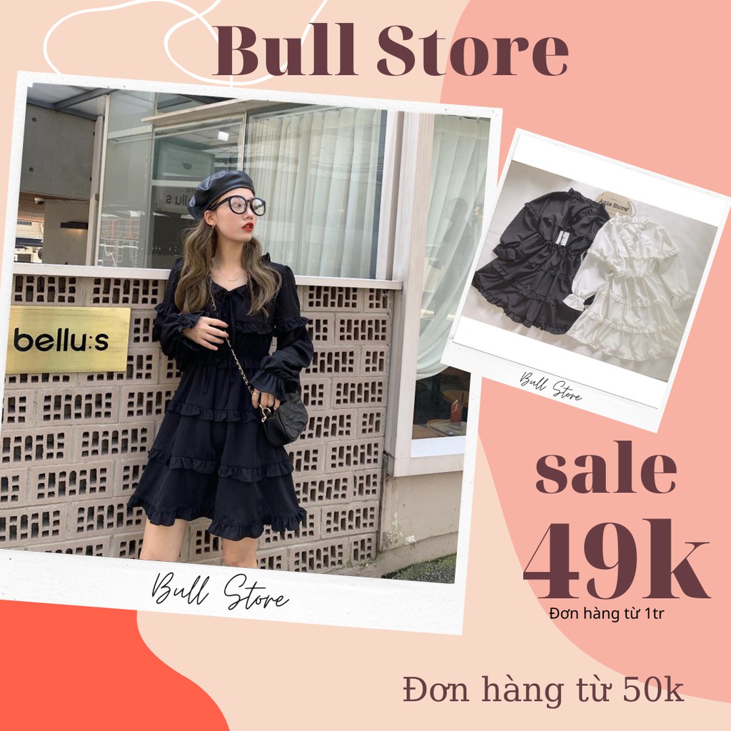 Đầm Nữ Tay Dài Buộc Nơ, Váy Công Sở Dự Tiệc Dáng Xòe Viền Tầng 66