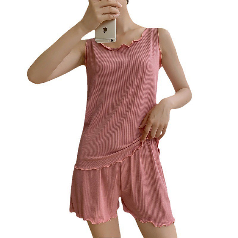 Bộ quần áo ngủ sát nách cộc tay màu hè chất cotton tăm mát thấm hút mồ hôi | BigBuy360 - bigbuy360.vn