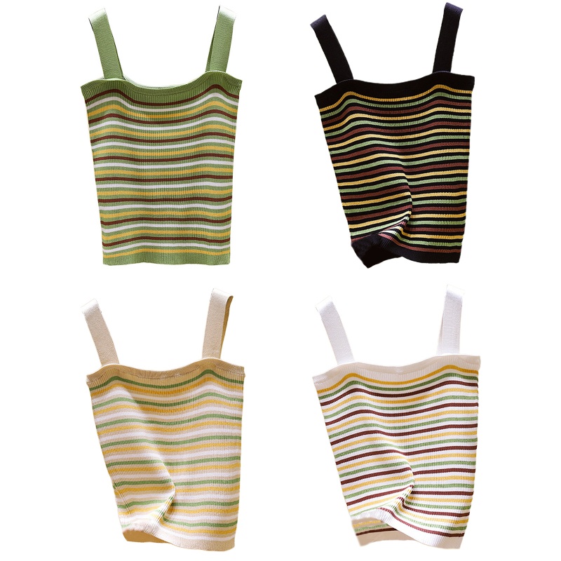 Brroa Áo Croptop Dệt Kim Hai Dây Bản Rộng Kẻ Sọc Cầu Vồng Mùa Hè Hàn Quốc Cho Nữ Sw
