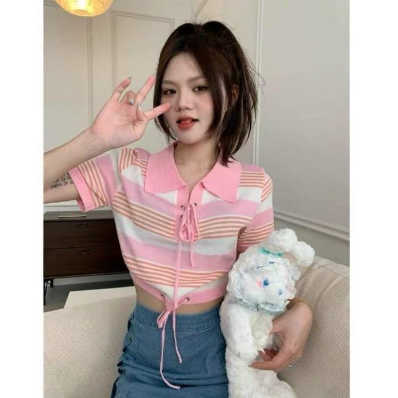 Áo len kẻ buộc nơ hàng QC