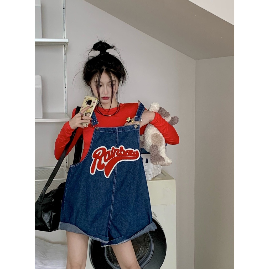 Quần Yếm Jean Ngắn Dáng Suông Rộng Phong Cách Vintage Thời Trang Hàn Quốc Cho Nữ