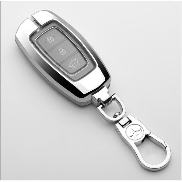 Ốp chìa khóa inox Accent, Kona, Santafe 2018-2019 -2020 2021 có lót bọc silicon  M02