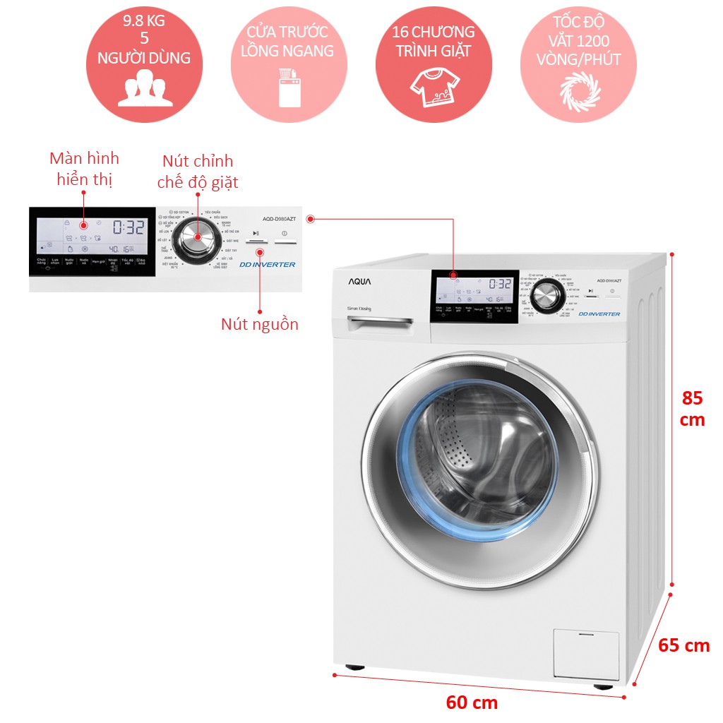 D980AZT - MIỄN PHÍ CÔNG LẮP ĐẶT - Máy giặt Aqua 9.8kg AQD-D980AZT (W)