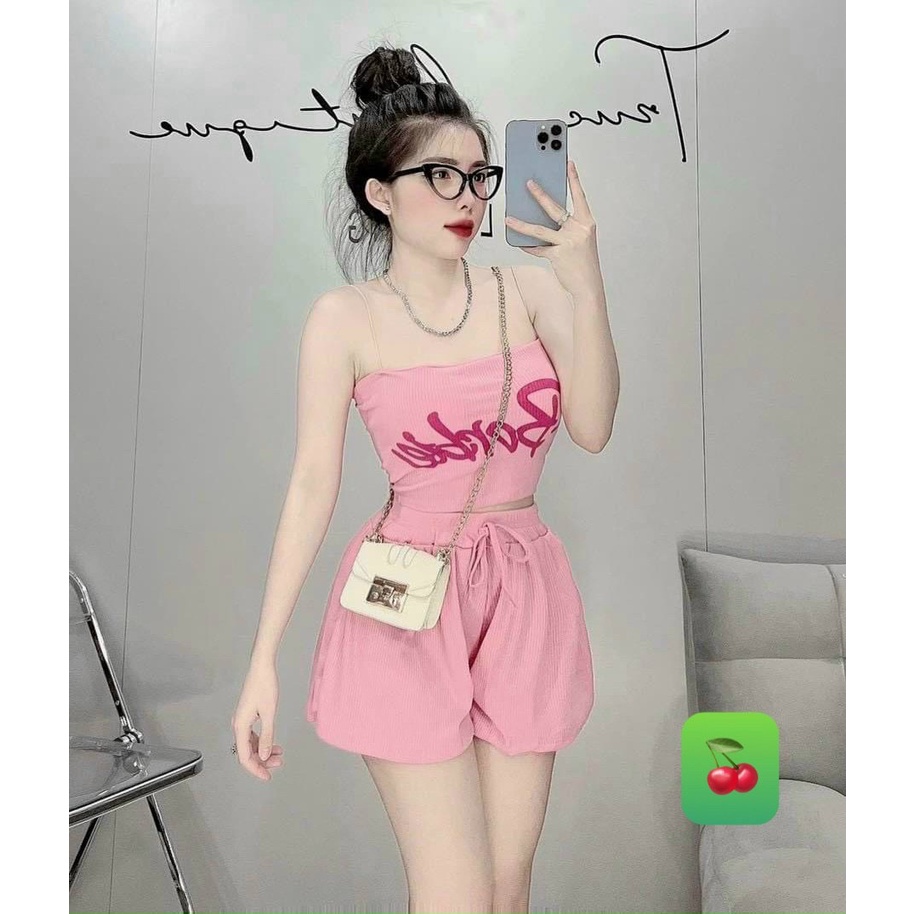 Sét bộ áo 2 dây croptop in babie phối quần đùi cực hot , chất thun gân dày dặn ly