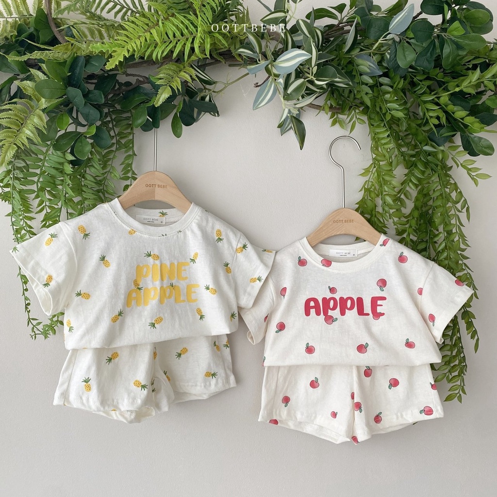 Bộ Áo Thun Cộc Tay In Hình Trái Cây + Quần Short Cotton Cho Bé