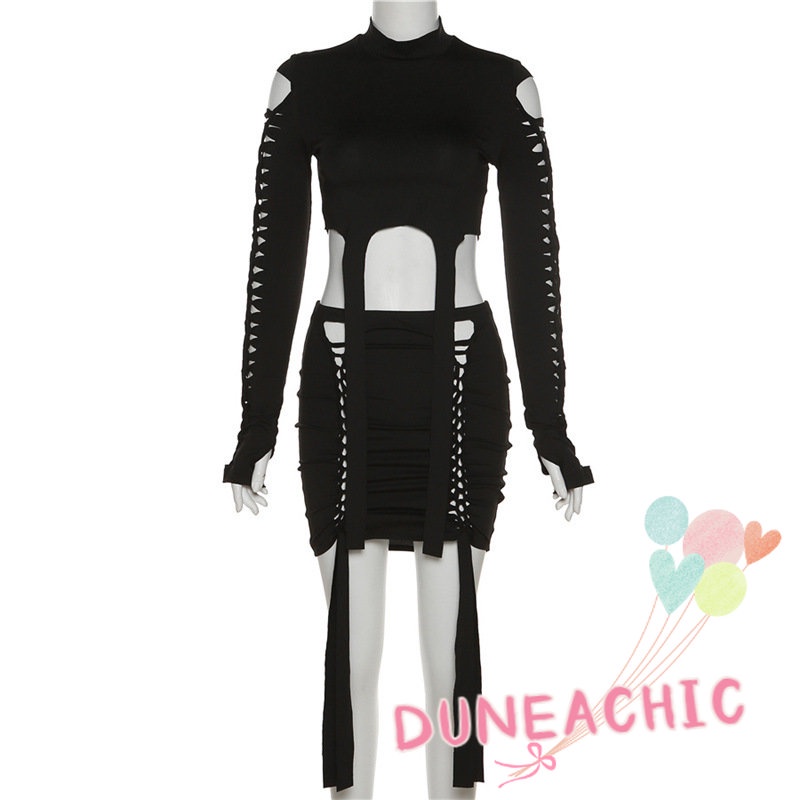 DUNEA Set Áo Thun Cổ Tròn Dài Tay Và Chân Váy Phong Cách Quyến Rũ Dành Cho Nữ