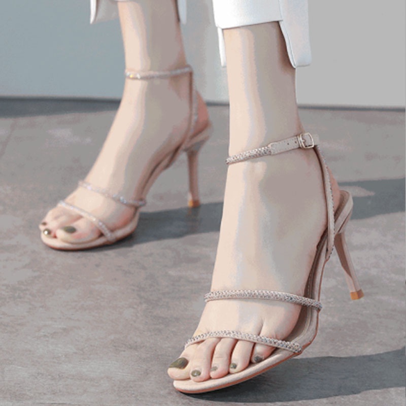 Giày Sandal Cao Gót Nữ Hở Ngón Đính Đá Thời Trang