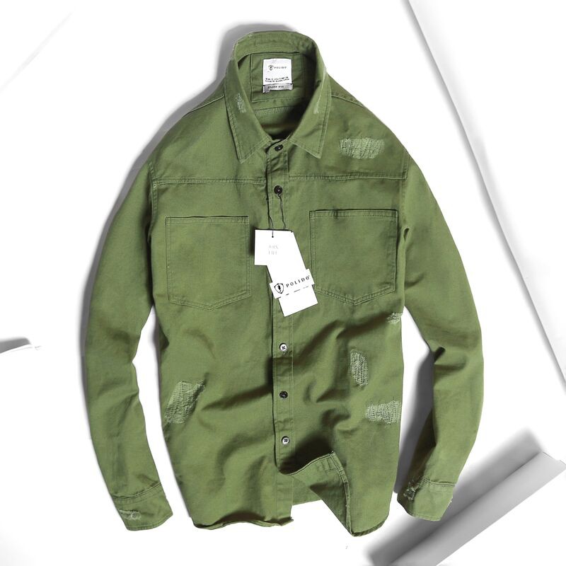 Áo Sơmi Khaki Rách Màu Sắc Nổi Bật Phong Cách Bụi Bặm, Nam Tính