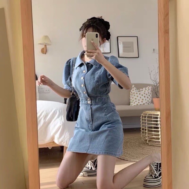 Váy denim tay bồng